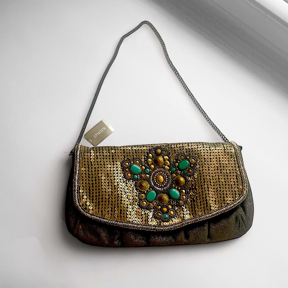 Bronze Beaded Clutch with Gold & Turquoise Beading Sequins Desert Boho western